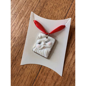 Ceramic Santa Face Pendant Necklace with Red Ribbon Gold Chain
